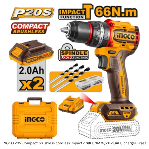 INGCO 20V Compact brushless cordless impact drill66NM W/2X 2.0AH, 
charger +case