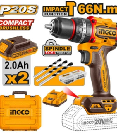 3 "INGCO 20V Compact brushless cordless impact drill66NM W/2X 2.0AH