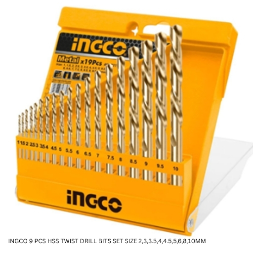INGCO 9 PCS HSS TWIST DRILL BITS SET SIZE 2,3,3.5,4,4.5,5,6,8,10MM