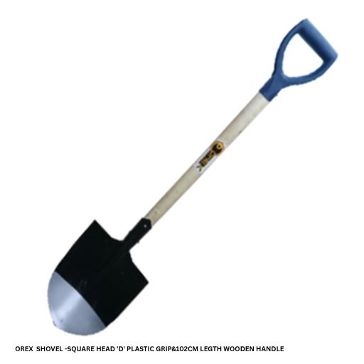 "OREX SHOVEL -SQUARE HEAD 'D' PLASTIC GRIP&102CM LEGTH WOODEN HANDLE"