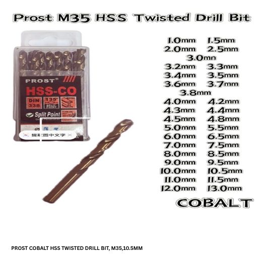 PROST COBALT HSS TWISTED DRILL BIT, M35,10.5MM